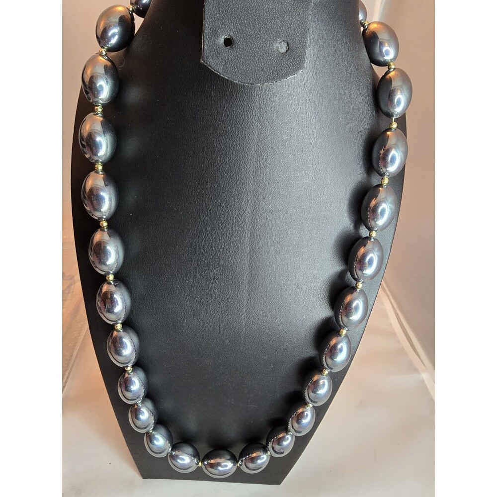 Vintage Gunmetal Glass Faux Pearl Necklace Chunky Oval Beads 24"Statement #876